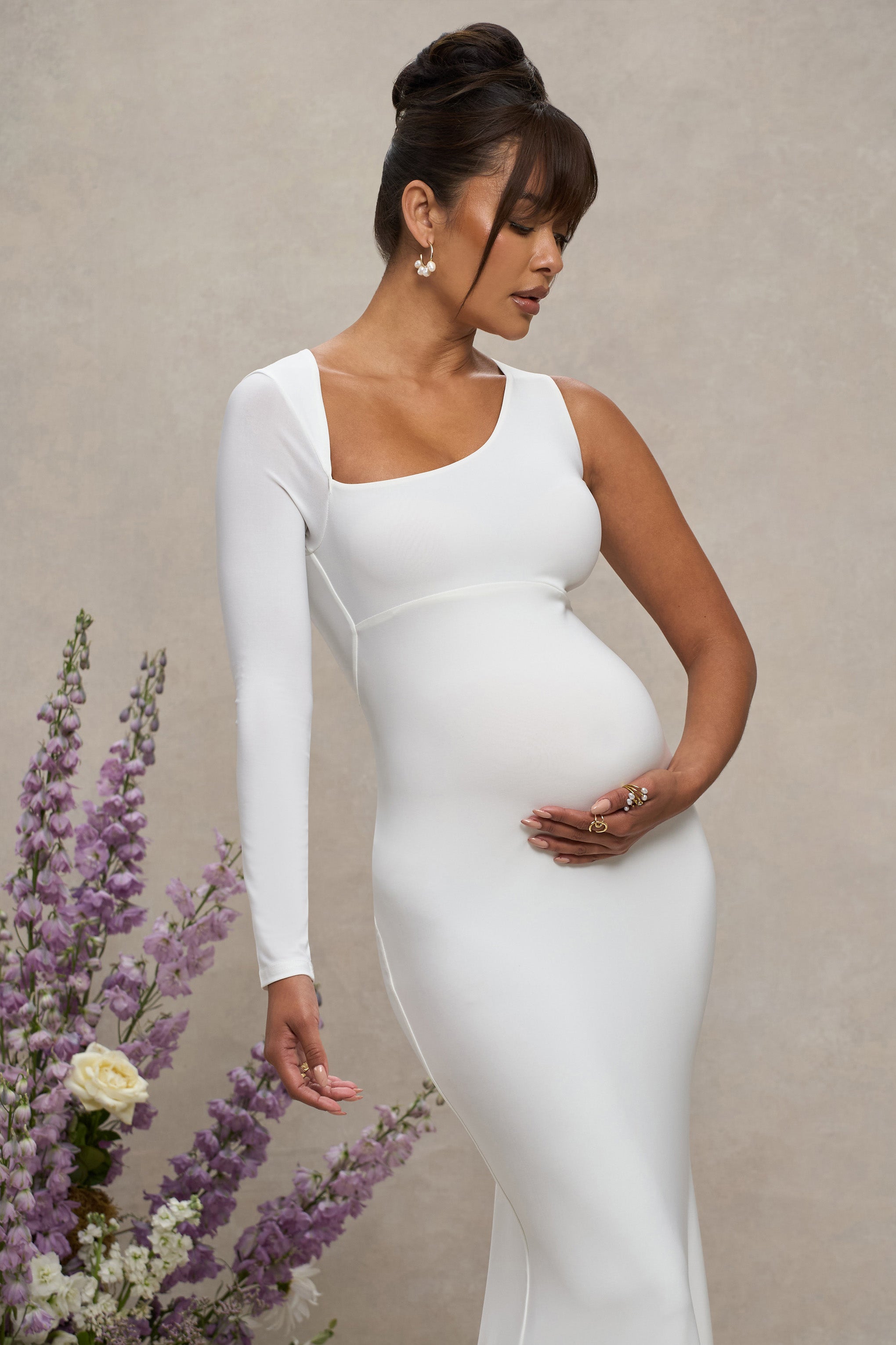 Oh Baby | White Maternity One Shoulder Bodycon Maxi Dress