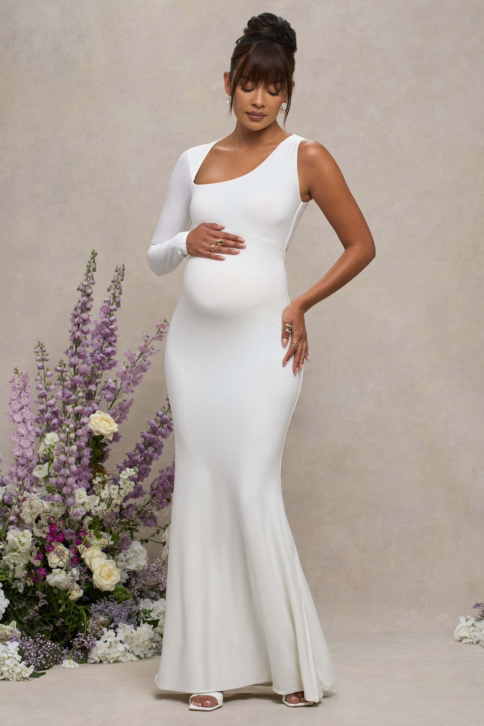 Oh Baby | White Maternity One Shoulder Bodycon Maxi Dress