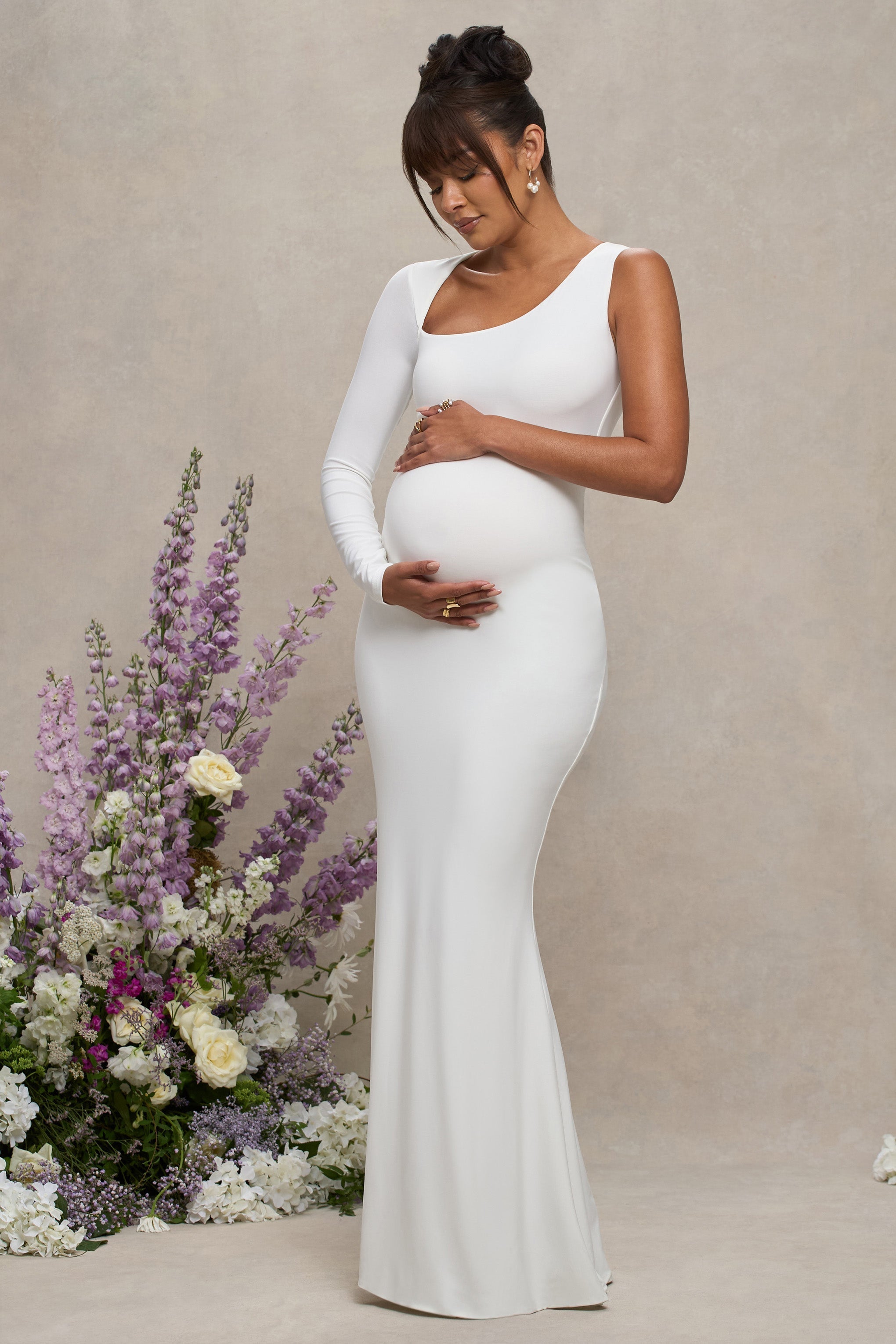 Oh Baby | White Maternity One Shoulder Bodycon Maxi Dress