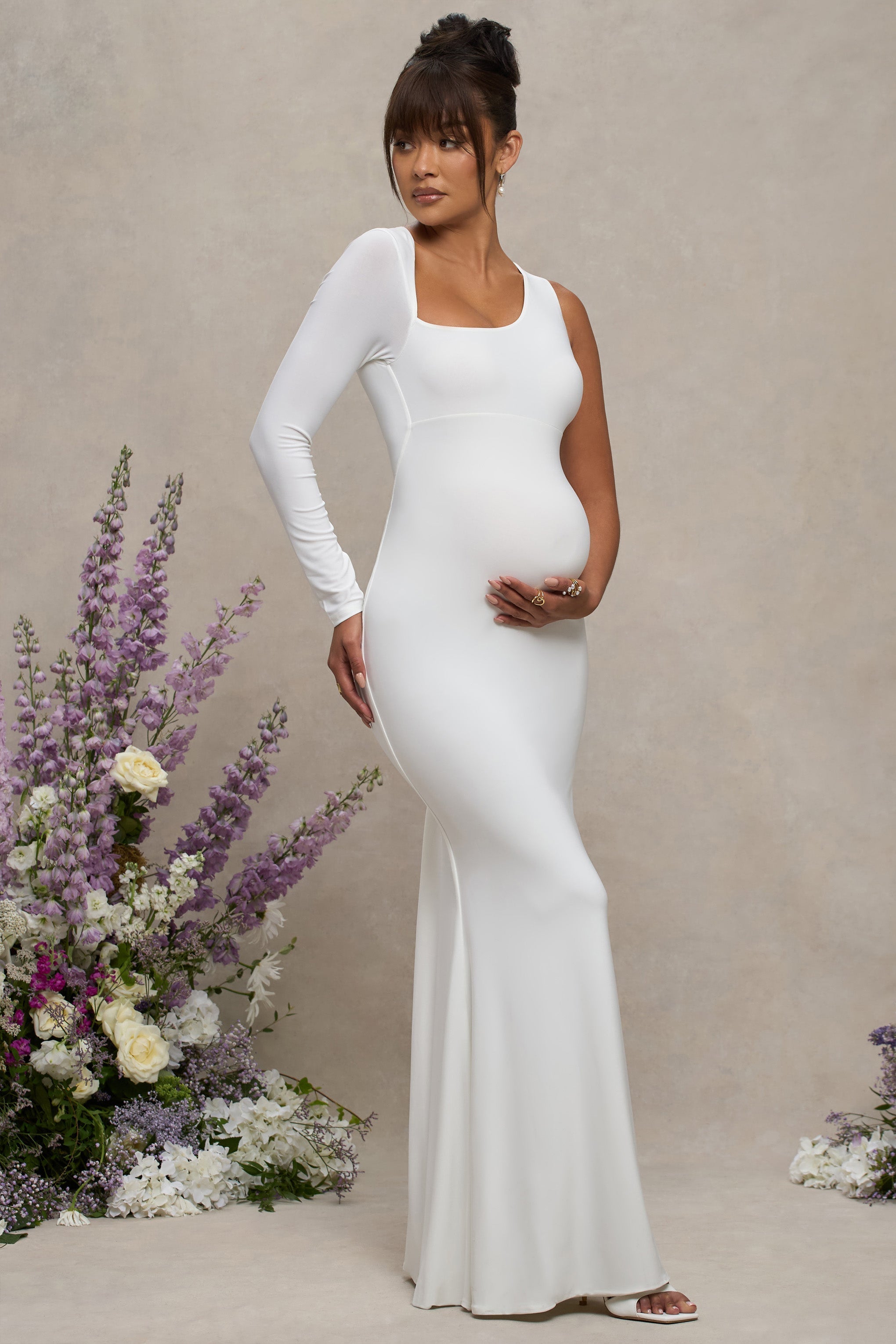 Oh Baby | White Maternity One Shoulder Bodycon Maxi Dress