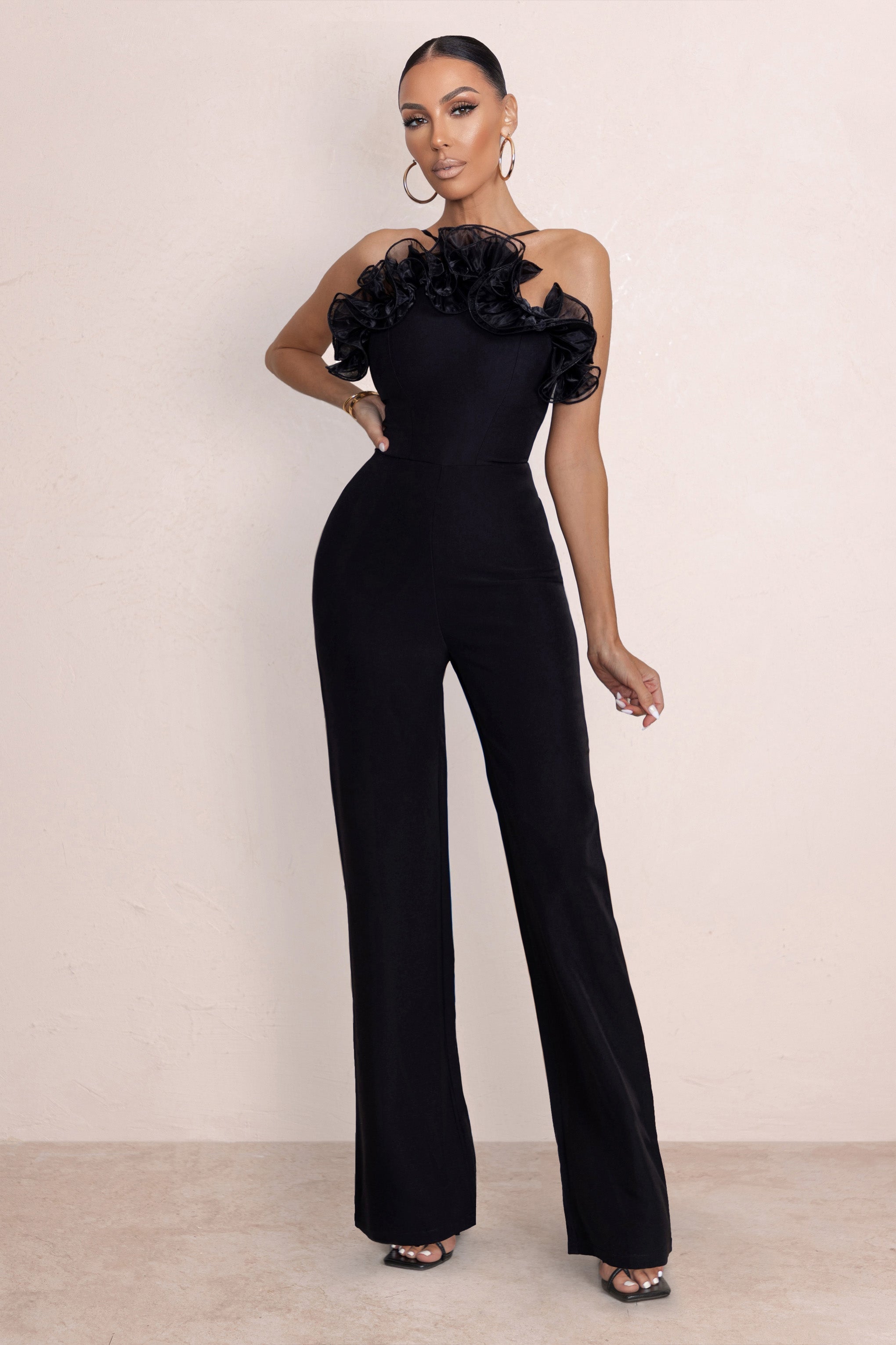 Shoot Your Shot | Black Organza Trim Wide Leg Jumpsuit