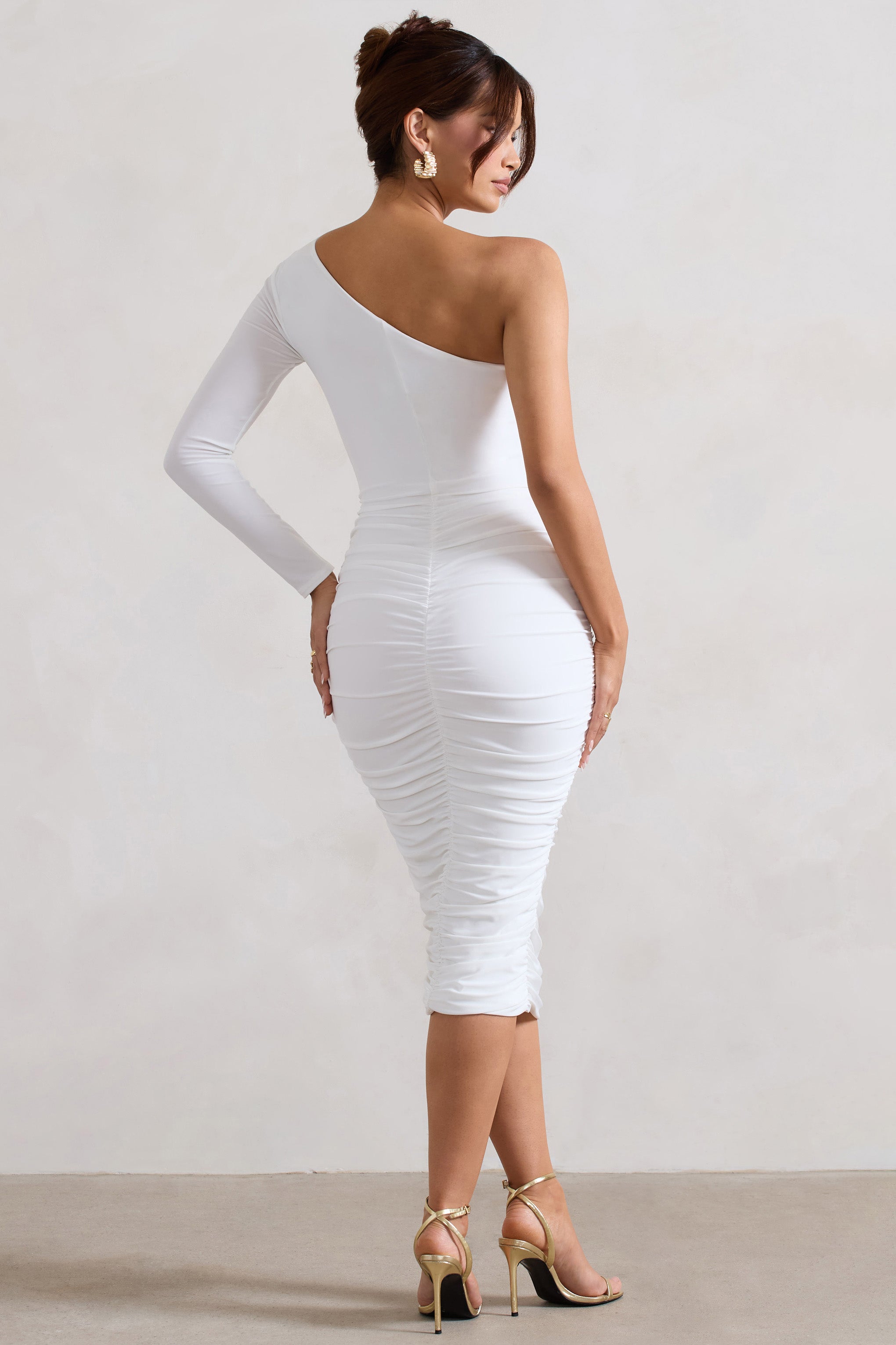 In The Shadows | White One Shoulder Midi Dress With Ruching