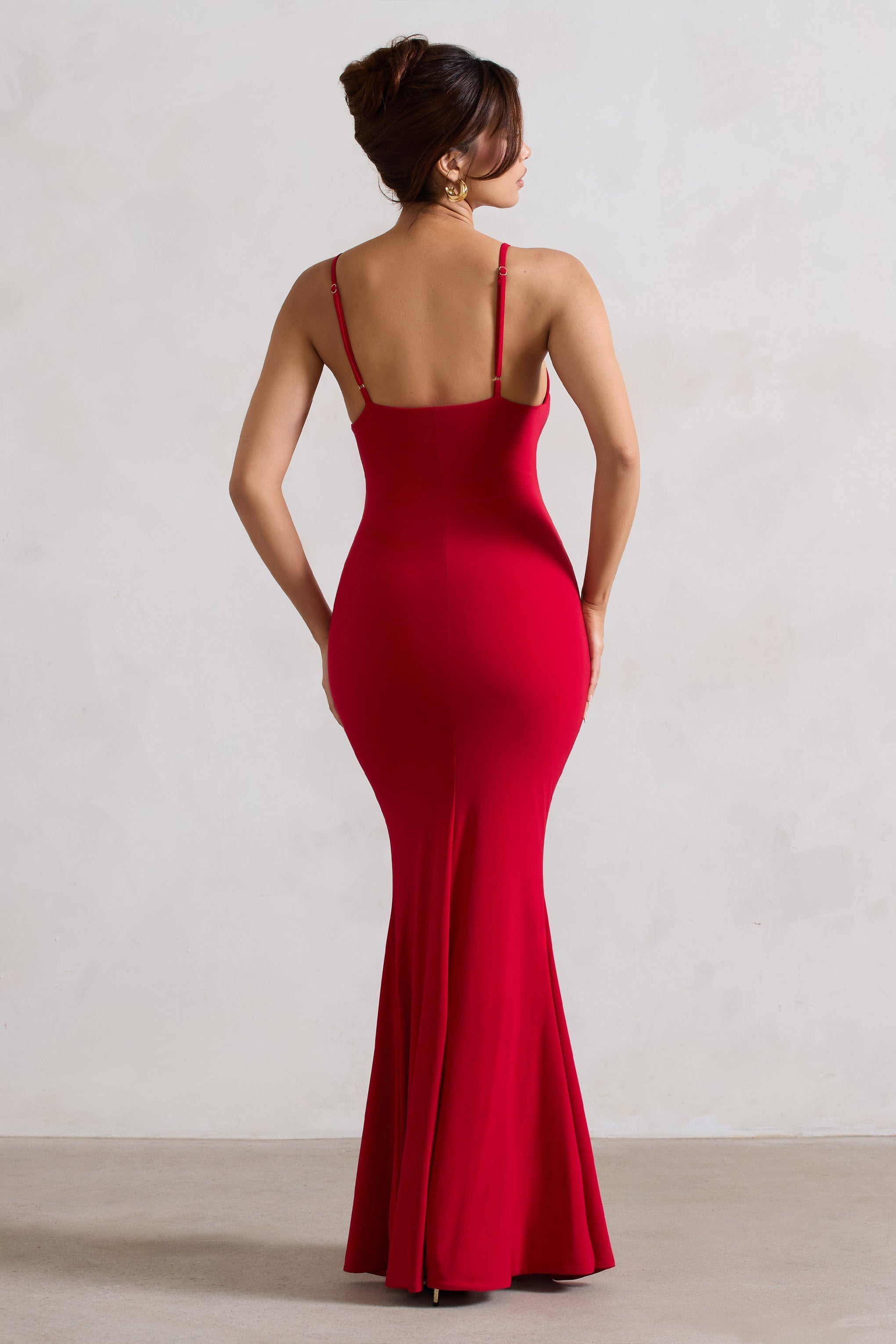 Love Shy | Red Plunge Neck Maxi Dress With Split Detail