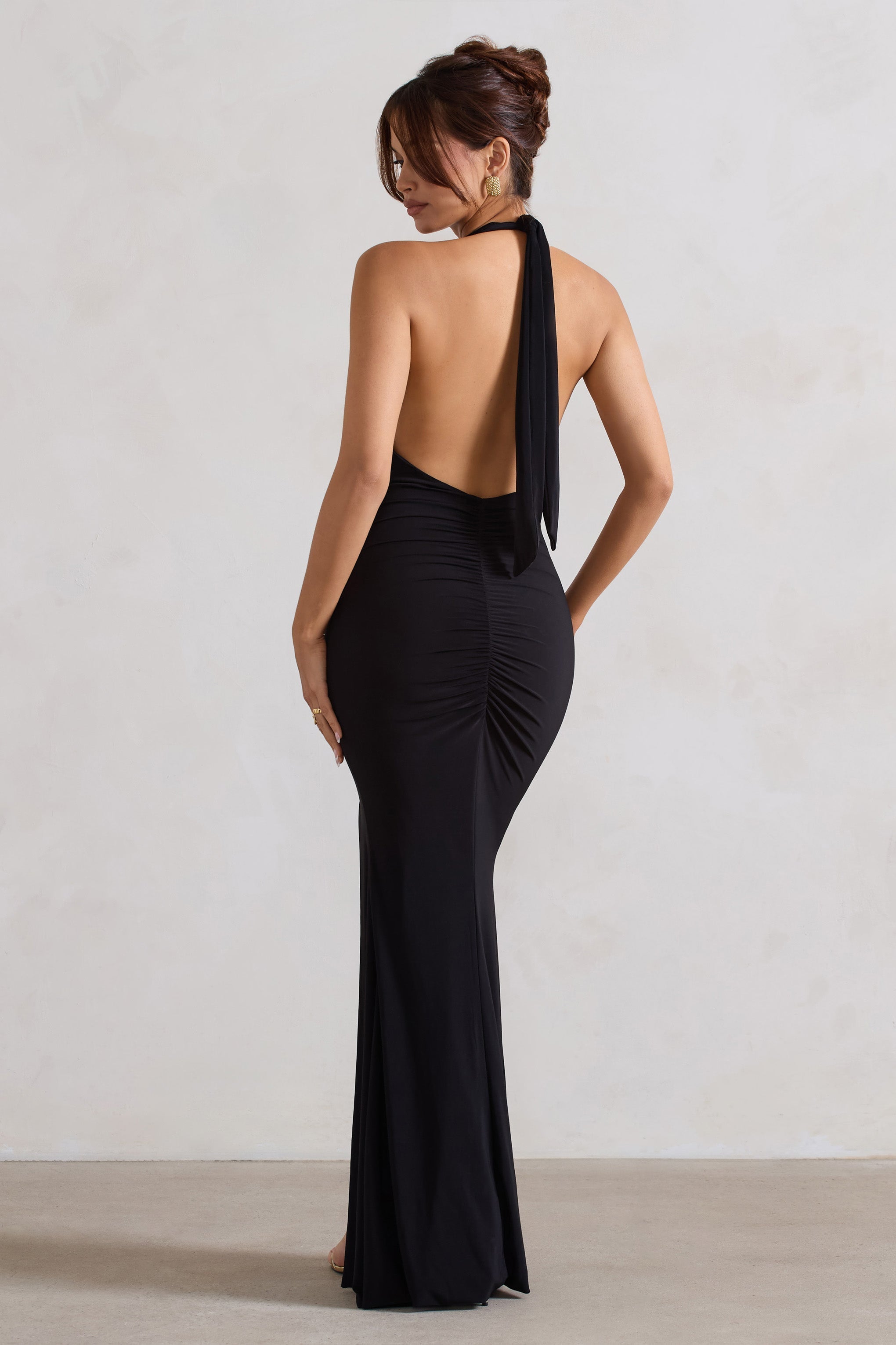 Glamour | Black Backless V Plunge Halter Neck Maxi Dress With Side Split