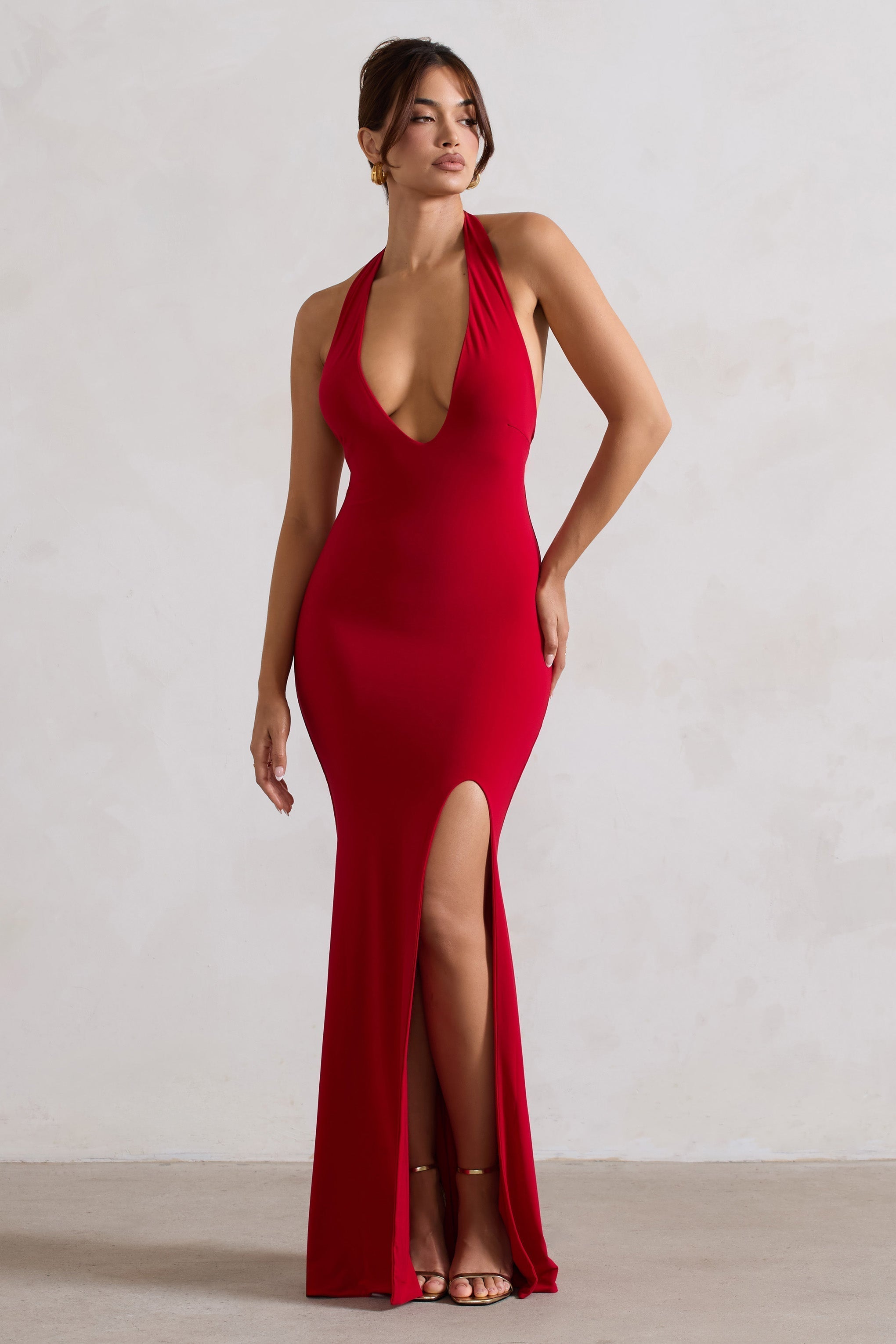 Glamour | Red Backless V Plunge Halter Neck Maxi Dress With Side Split