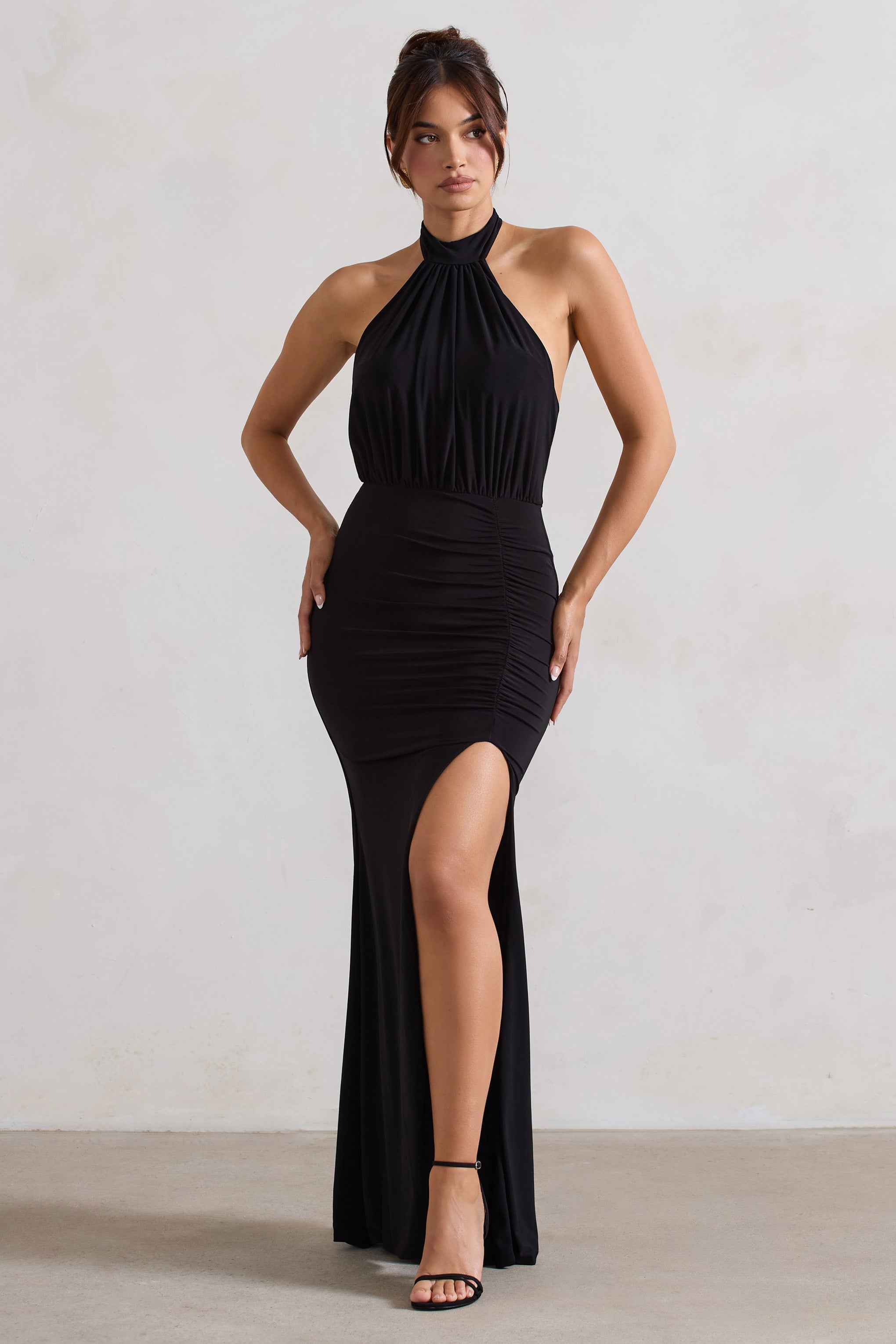 Forever Dreaming | Black Backless Halter Neck Ruched Split Maxi Dress