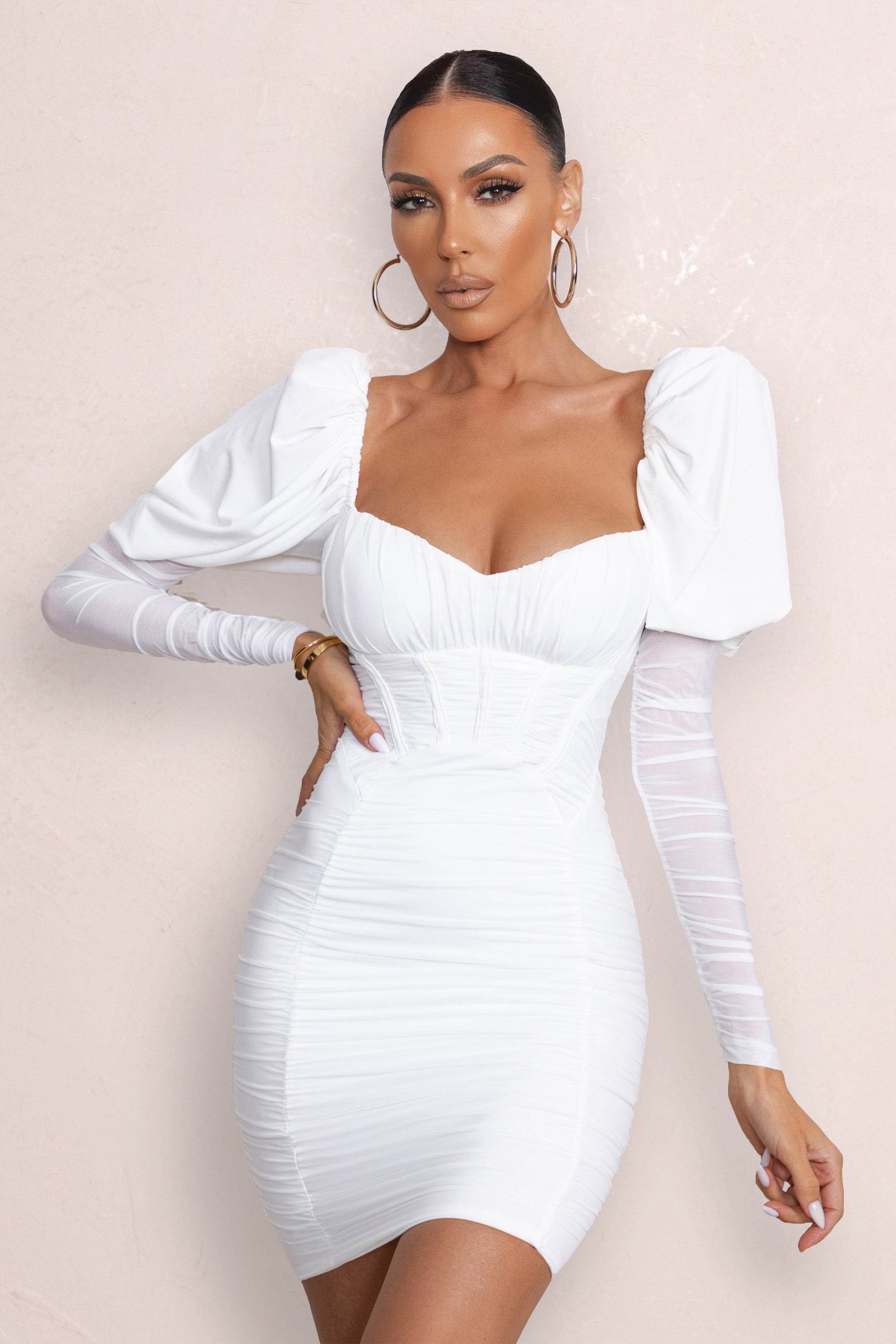 Reminiscent | White Puff Sleeved Ruched Mini Dress