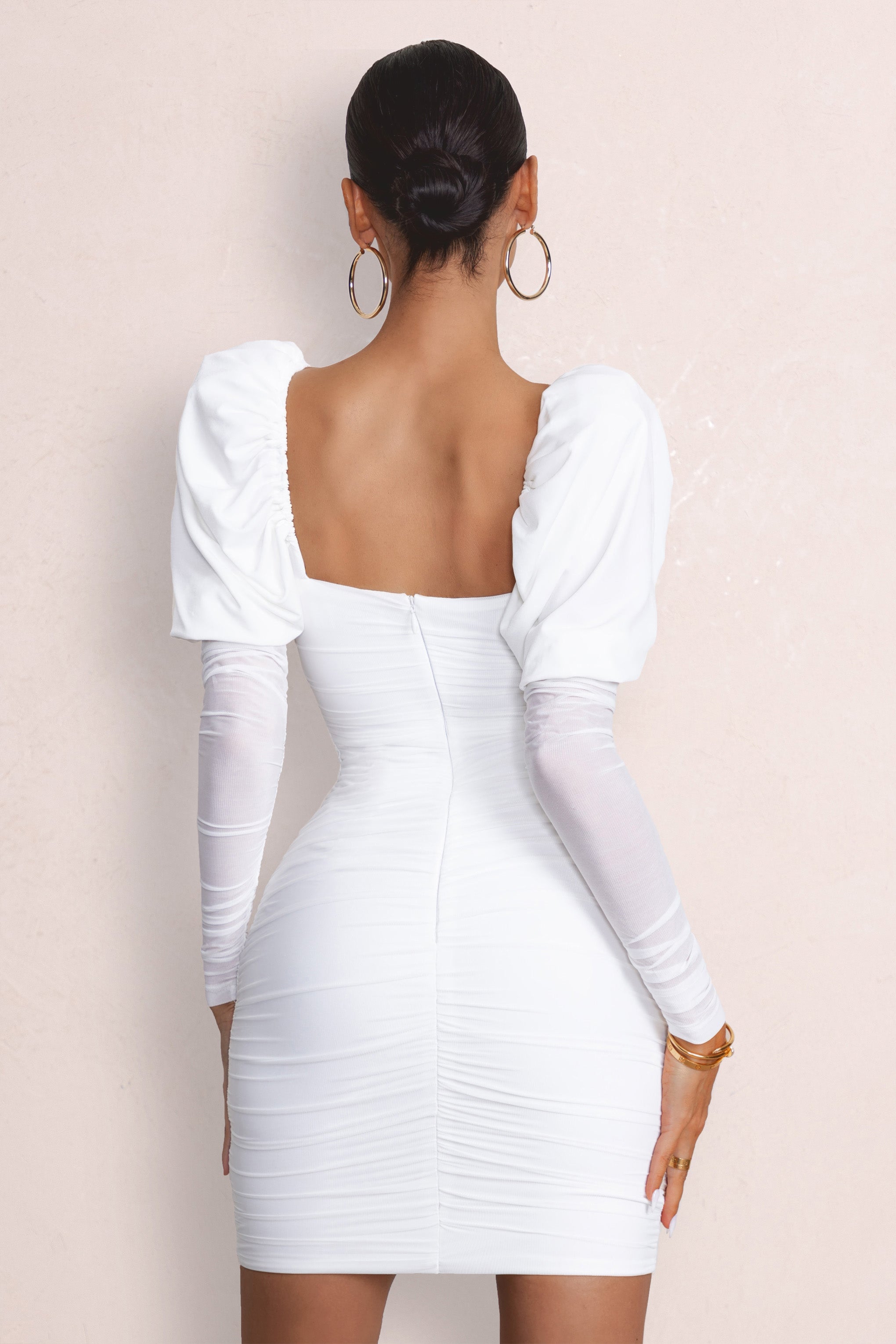 Reminiscent | White Puff Sleeved Ruched Mini Dress