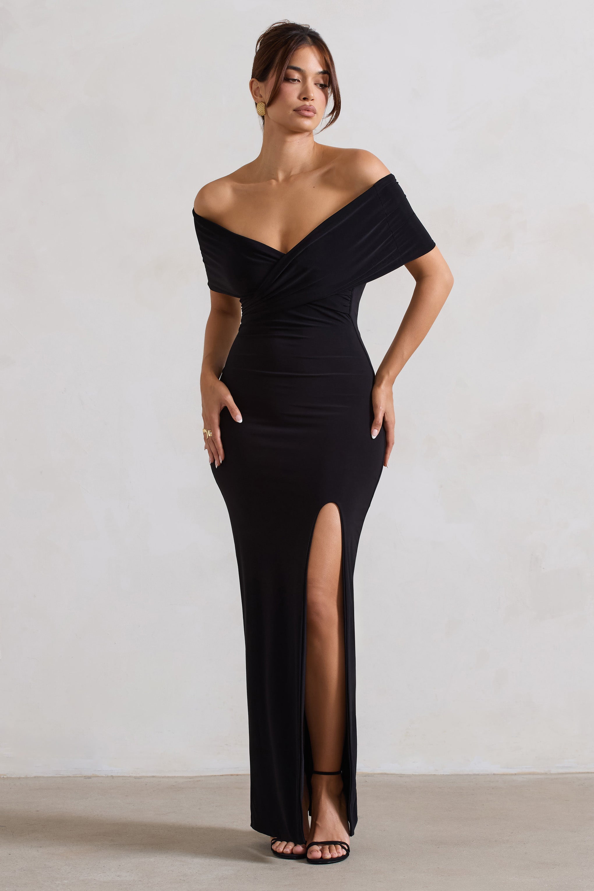 Refined | Black Twist Front Bardot Maxi Dress