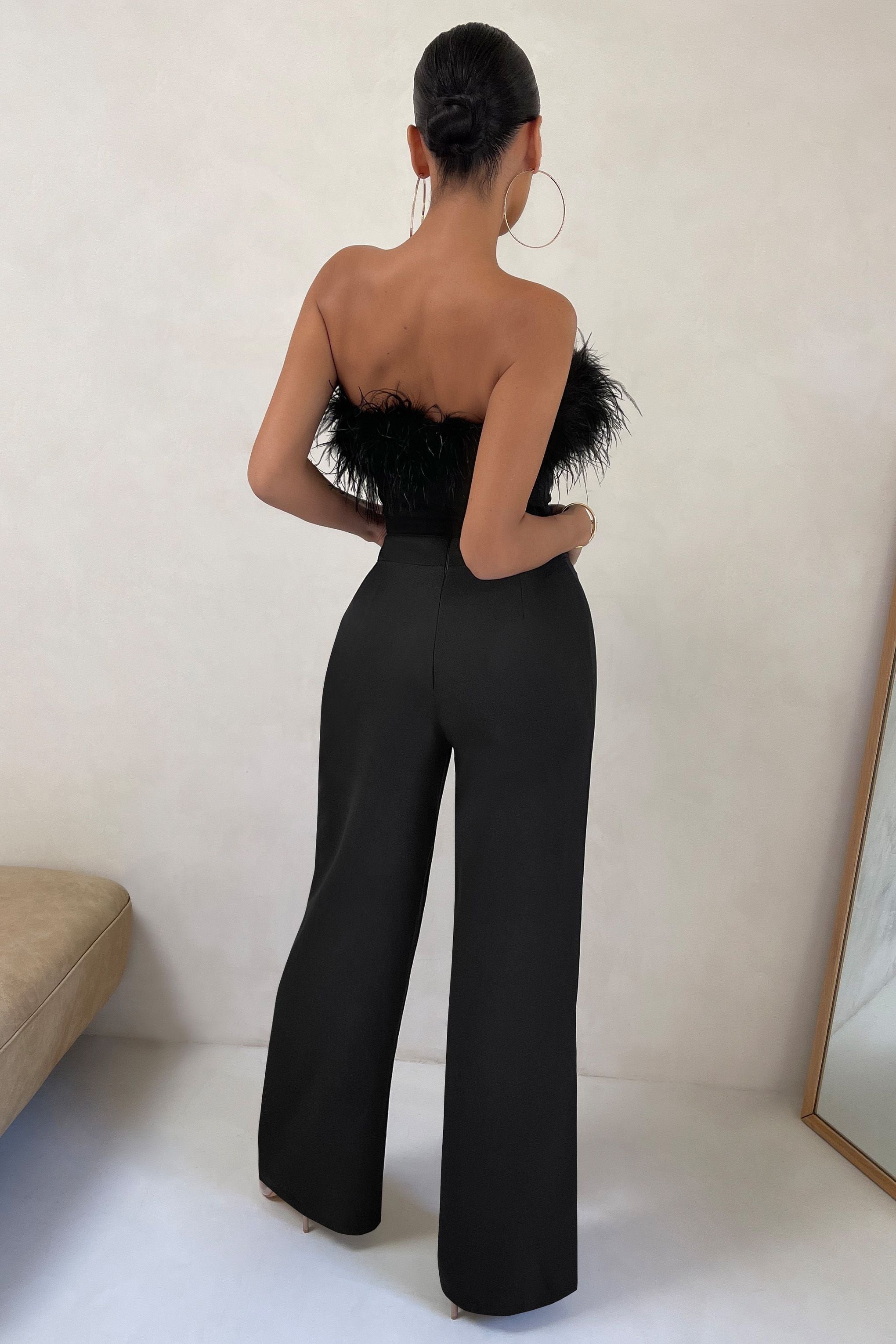 First Class | Black Petite Bandeau Feather Wide Leg jumpsuit