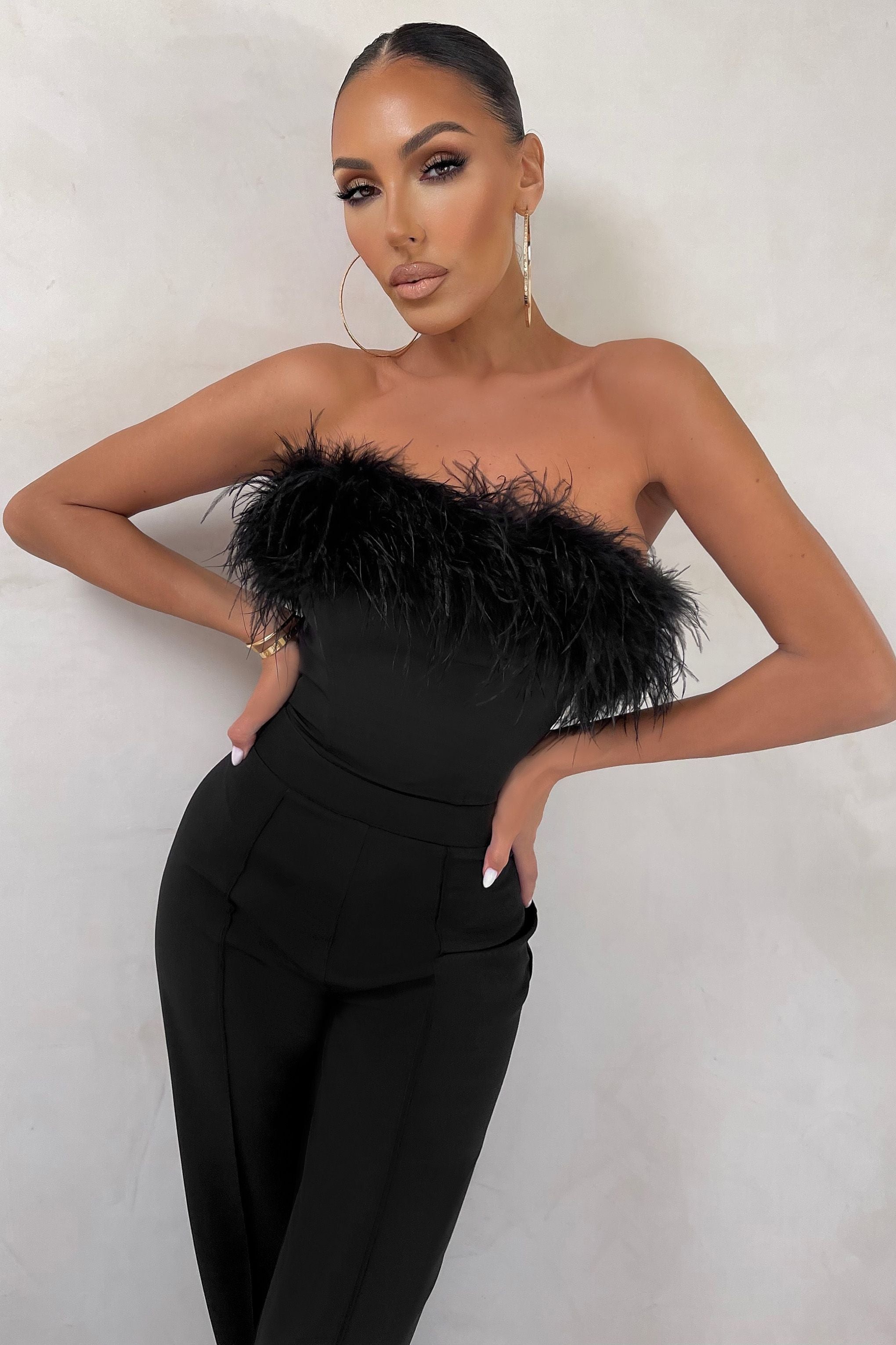 First Class | Black Petite Bandeau Feather Wide Leg jumpsuit