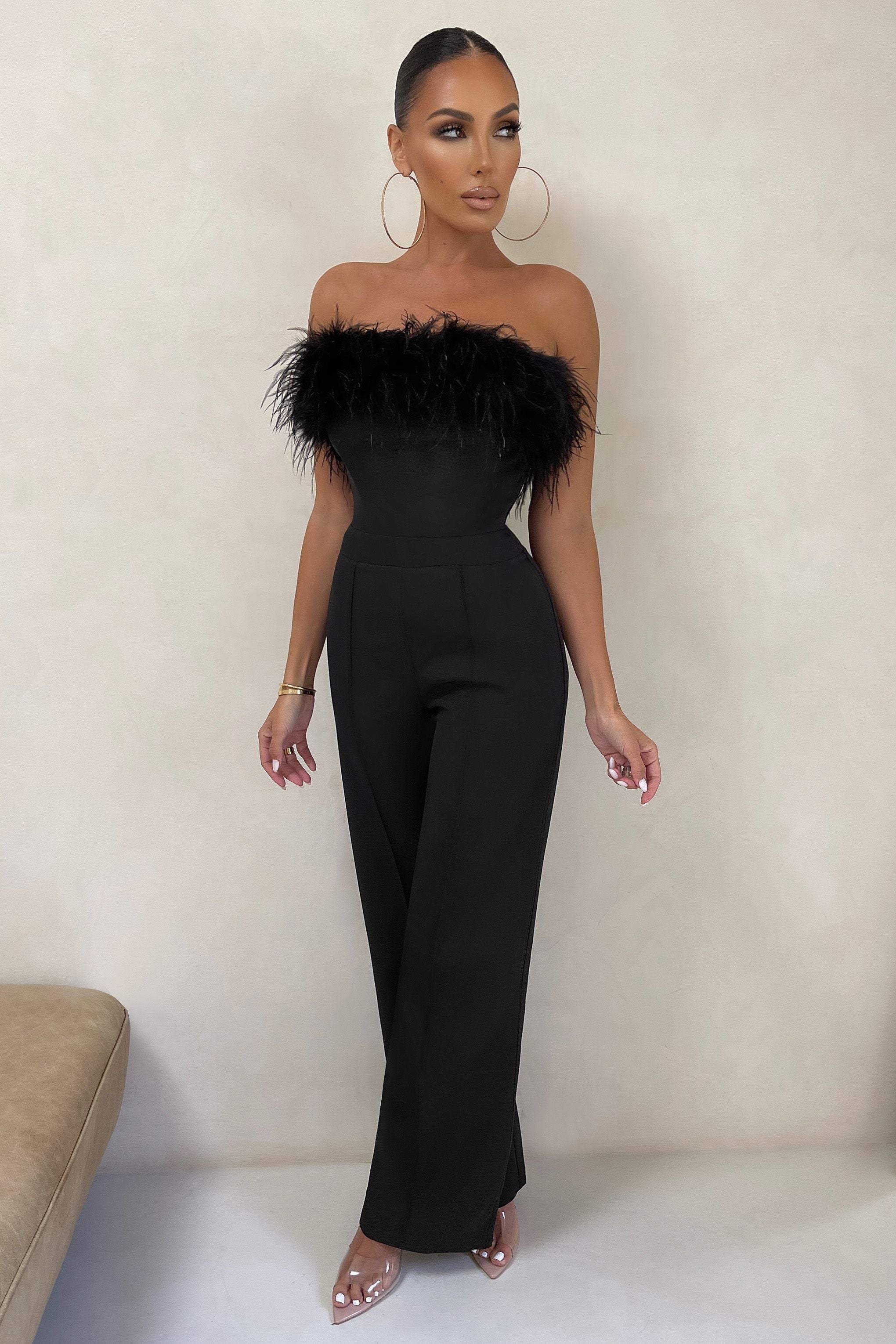 First Class | Black Petite Bandeau Feather Wide Leg jumpsuit